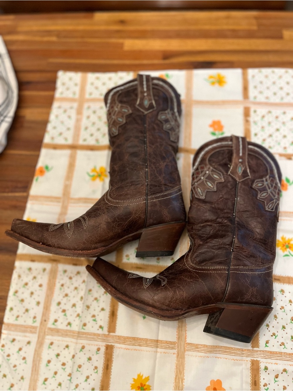 Tony Lama Dark Brown Leather Western Heeled Boot with Turquoise and Red Accents - Picture 5 of 6